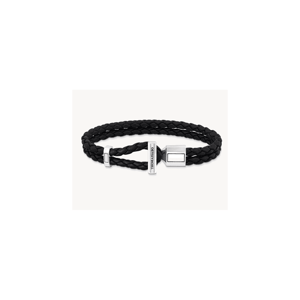 SILVER DOUBLE BRACELET WITH BRAIDED, BLACK LEATHER