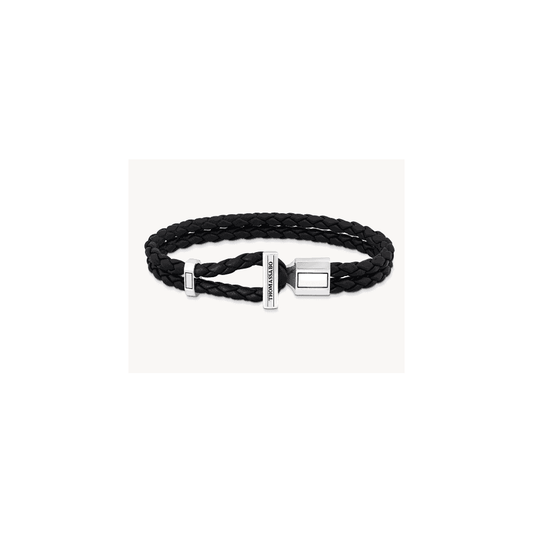 SILVER DOUBLE BRACELET WITH BRAIDED, BLACK LEATHER