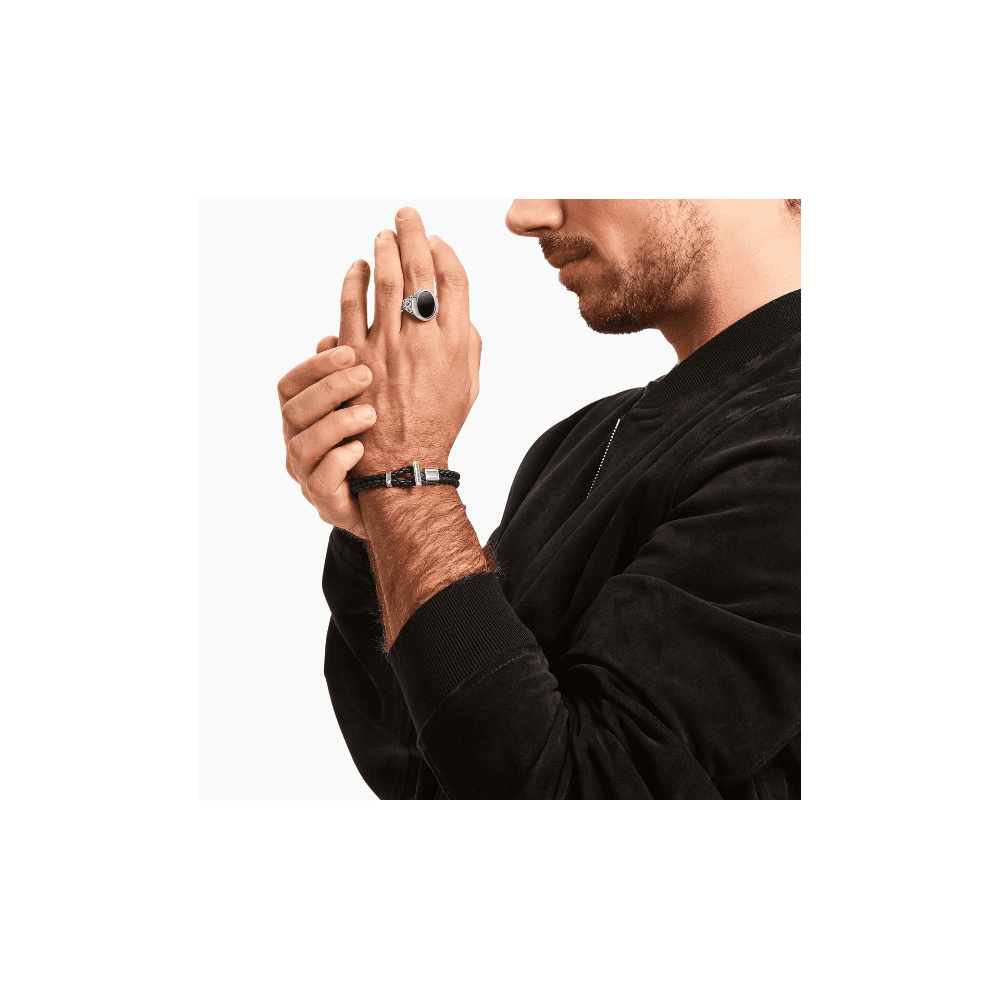 SILVER DOUBLE BRACELET WITH BRAIDED, BLACK LEATHER