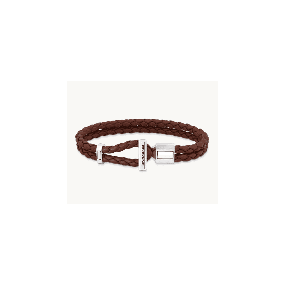 SILVER DOUBLE BRACELET WITH BRAIDED, BROWN LEATHER