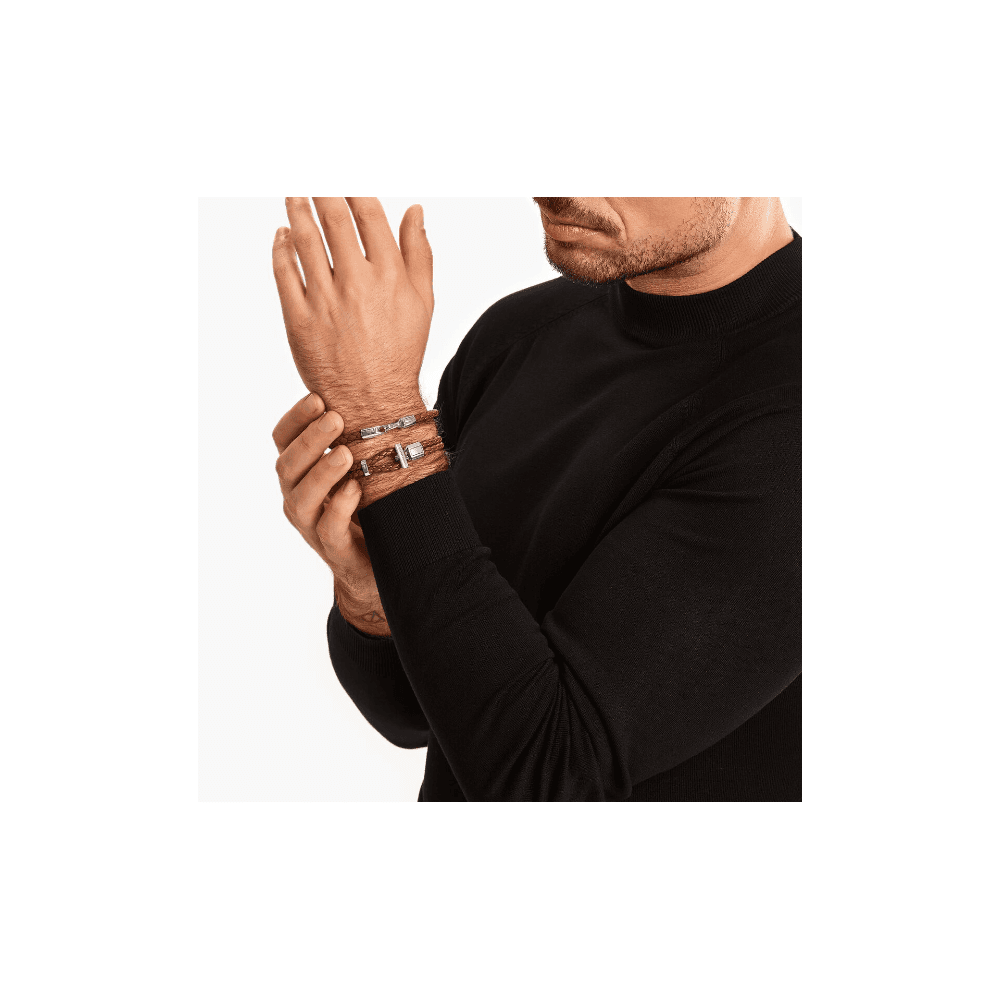 SILVER DOUBLE BRACELET WITH BRAIDED, BROWN LEATHER