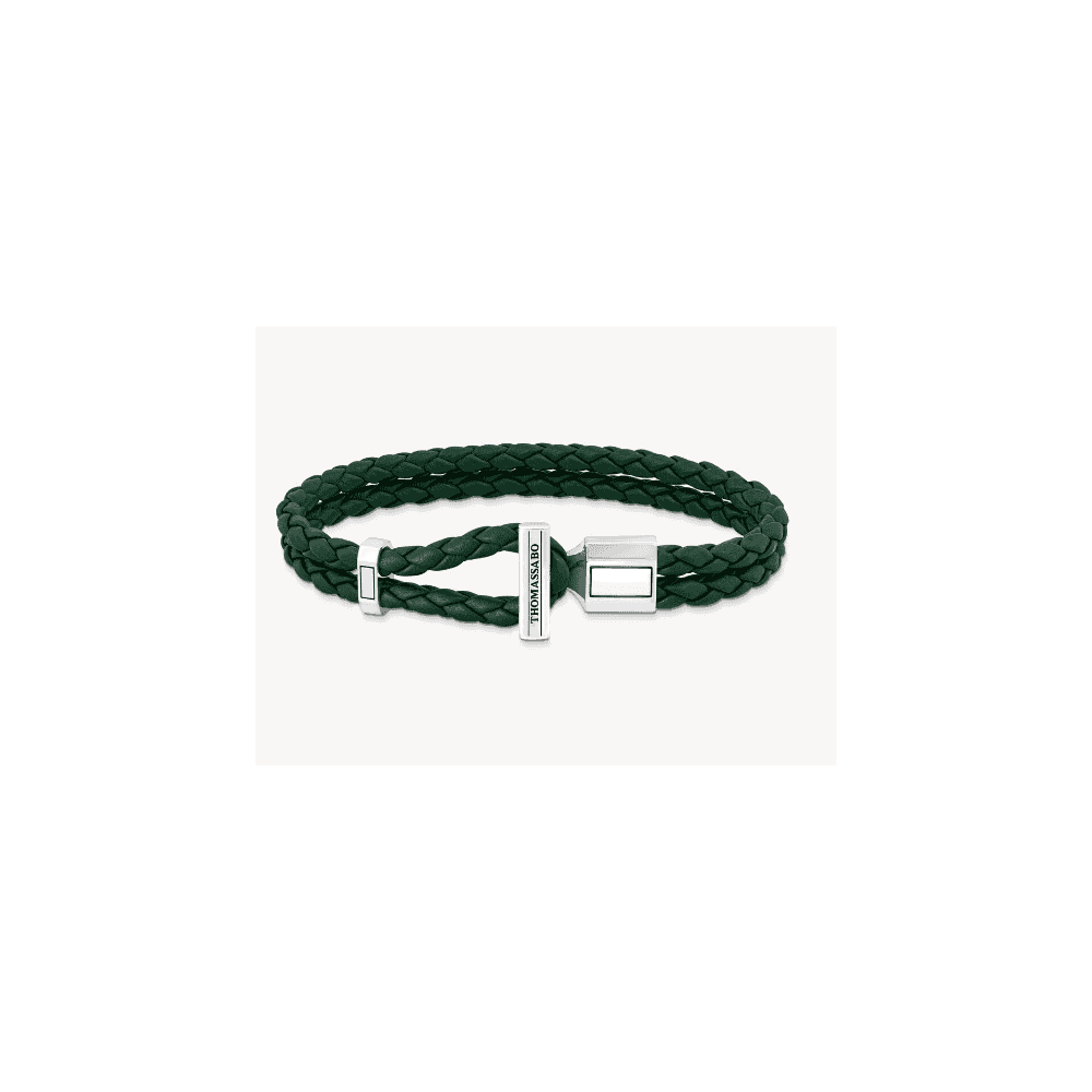 SILVER DOUBLE BRACELET WITH BRAIDED, GREEN LEATHER