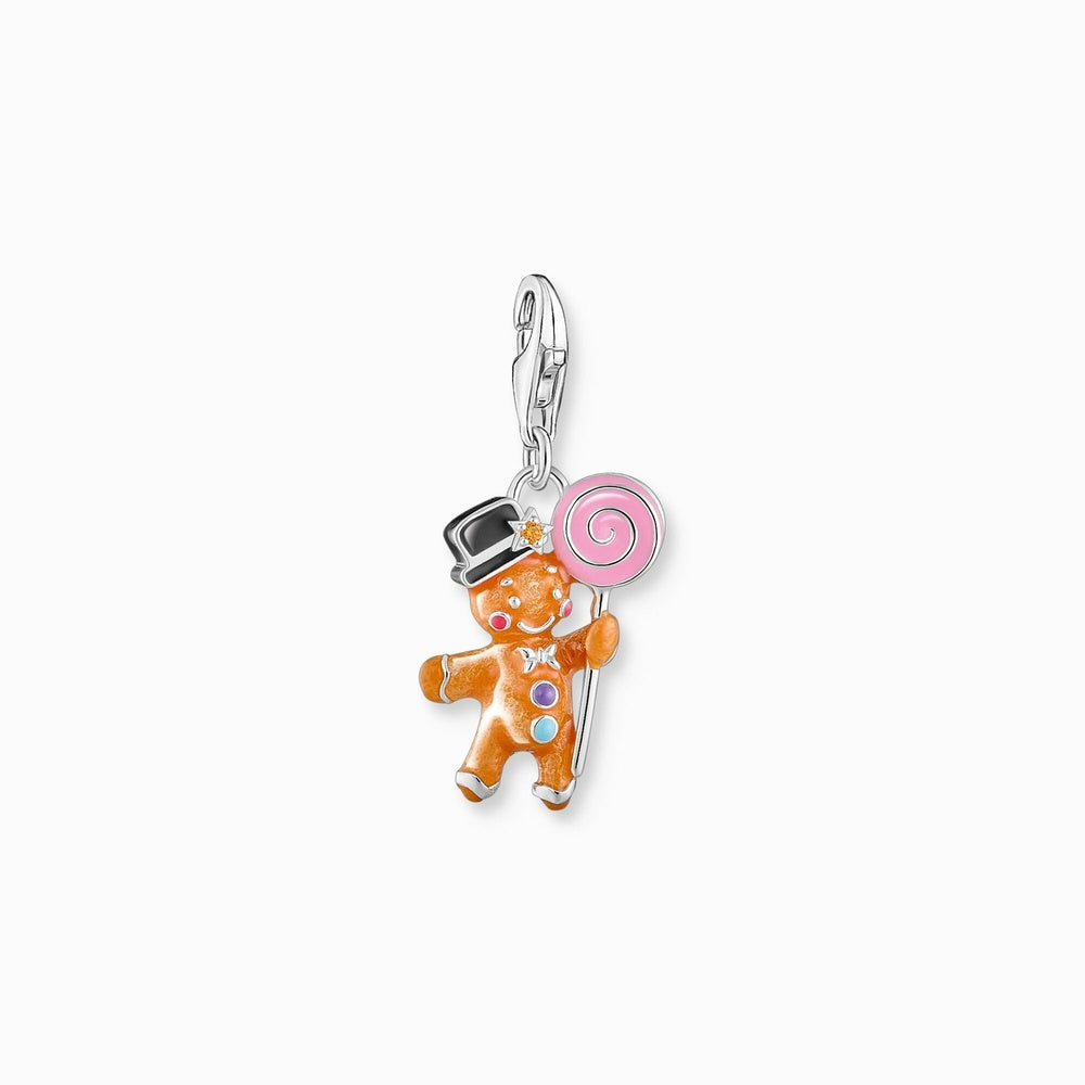 SILVER GINGERBREAD MAN CHARM WITH STONES AND COLD ENAMEL