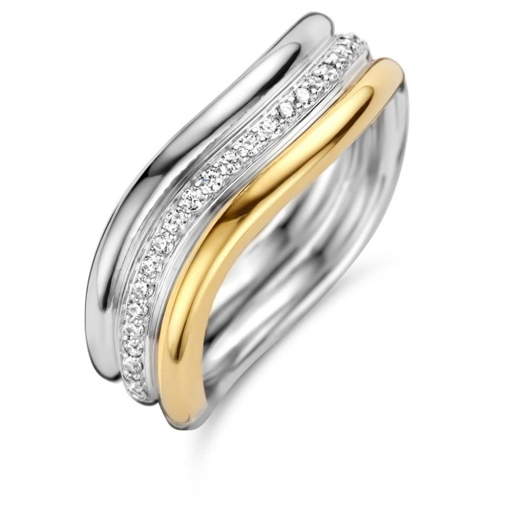 SILVER & GOLD WAVE BAND WITH PAVE ZIRCONIA CENTRE