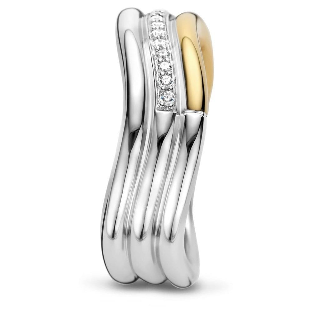SILVER & GOLD WAVE BAND WITH PAVE ZIRCONIA CENTRE