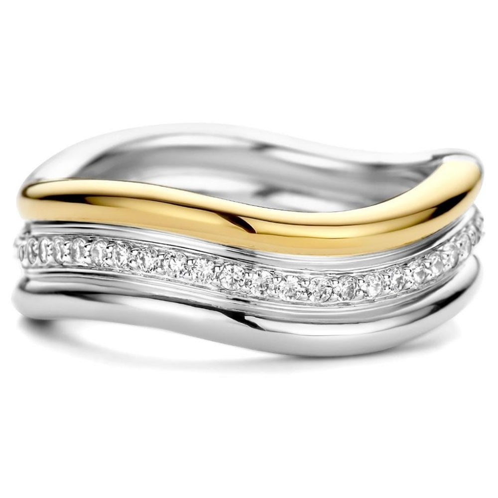 SILVER & GOLD WAVE BAND WITH PAVE ZIRCONIA CENTRE