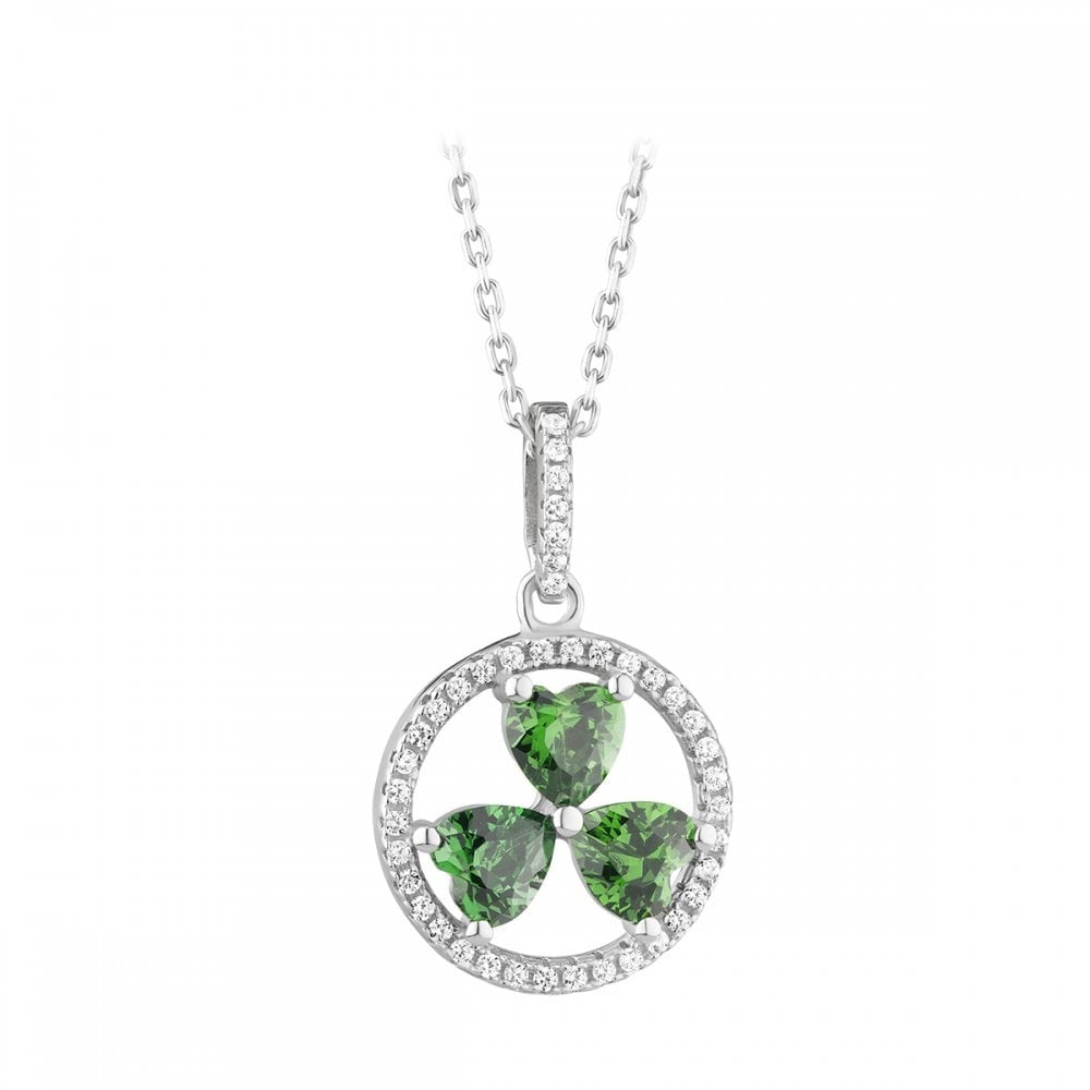 SILVER GREEN CUBIC ZIRCONIA SHAMRCK CIRCLE PENDANT