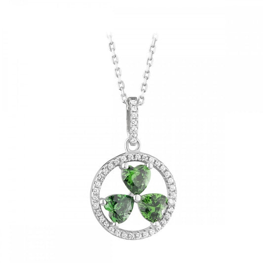 SILVER GREEN CUBIC ZIRCONIA SHAMRCK CIRCLE PENDANT