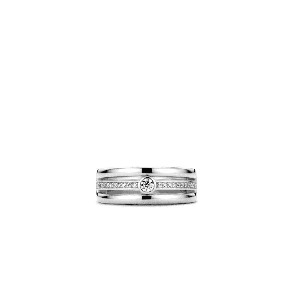 SILVER MILANO RING WITH CUBIC ZIRCONIA CENTRE & PAVE CZ CENTRE BAND