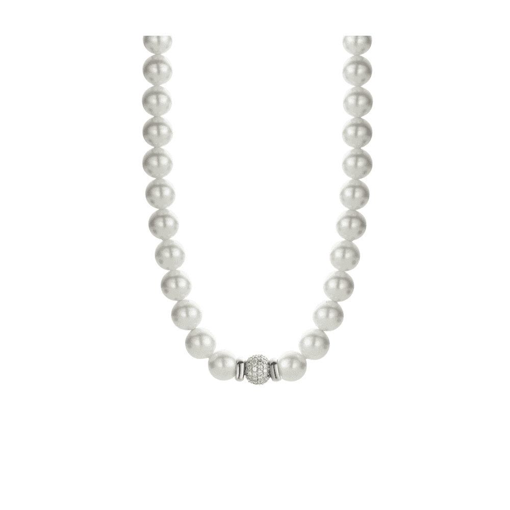 SILVER PEARL NECKLACE WITH PAVE SET ZIRCONIA CENTRE