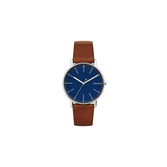 SKAGEN SIGNATUR STAINLESS STEEL WATCH WITH BROWN LEATHER STRAP AND BLUE FACE