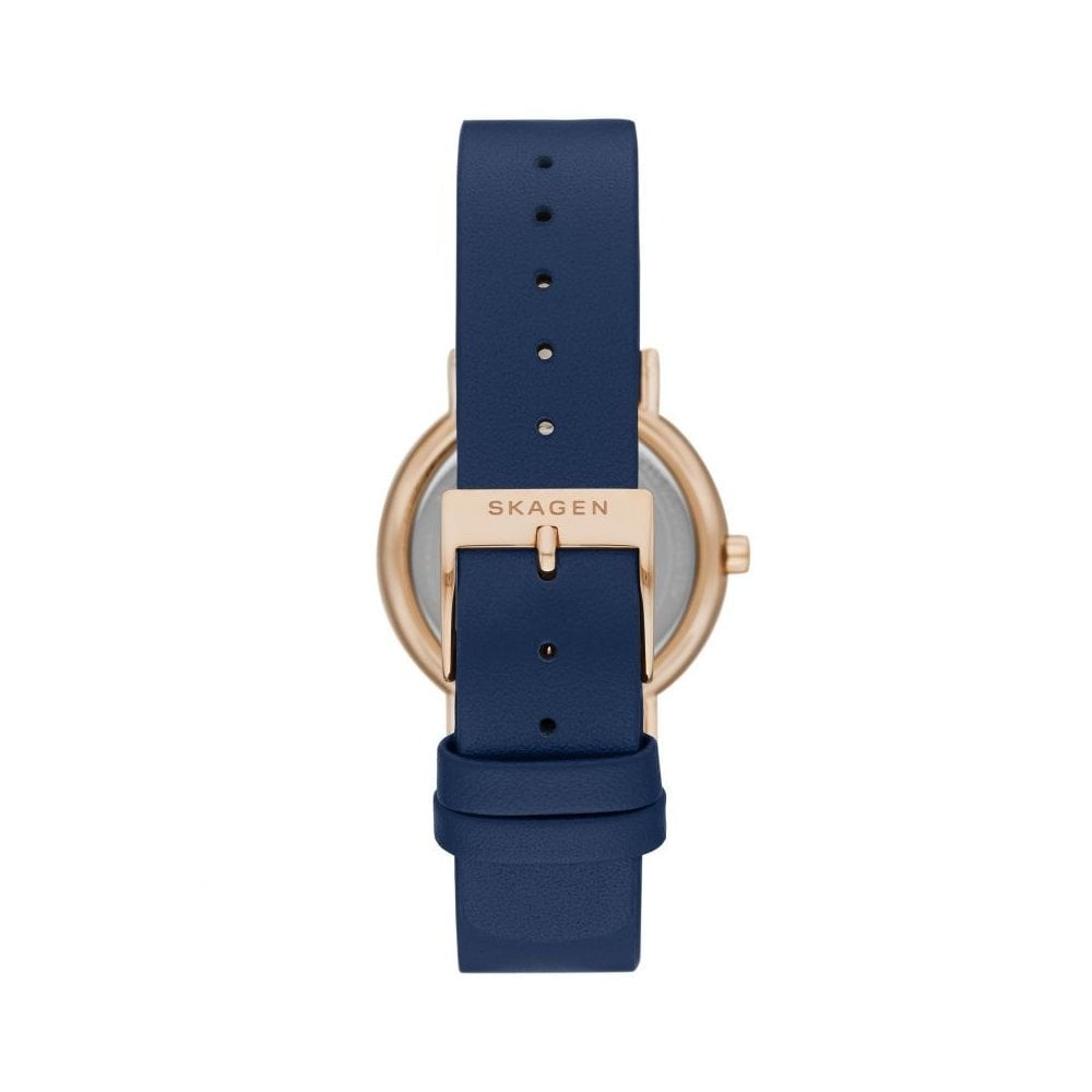 SKAGEN SIGNATURE ROSE GOLD STAINLESS STEEL WATCH WITH BLUE STRAP AND WHITE FACE