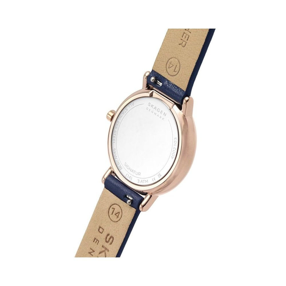 SKAGEN SIGNATURE ROSE GOLD STAINLESS STEEL WATCH WITH BLUE STRAP AND WHITE FACE