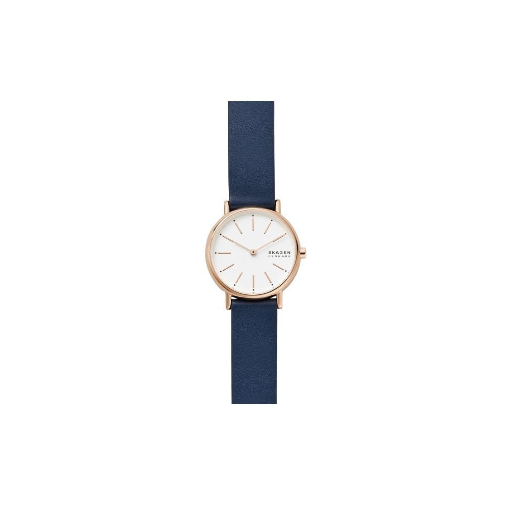 SKAGEN SIGNATURE ROSE GOLD STAINLESS STEEL WATCH WITH BLUE STRAP AND WHITE FACE