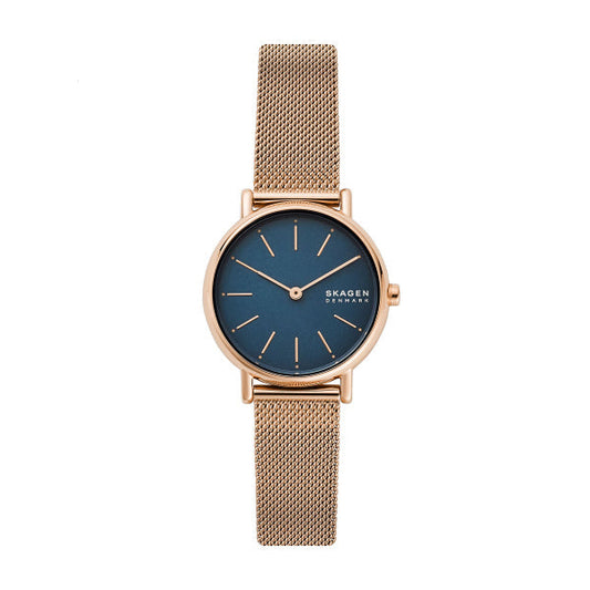 SKAGEN LADIES ROSE GOLD MESH BRACELET WATCH WITH BLUE FACE