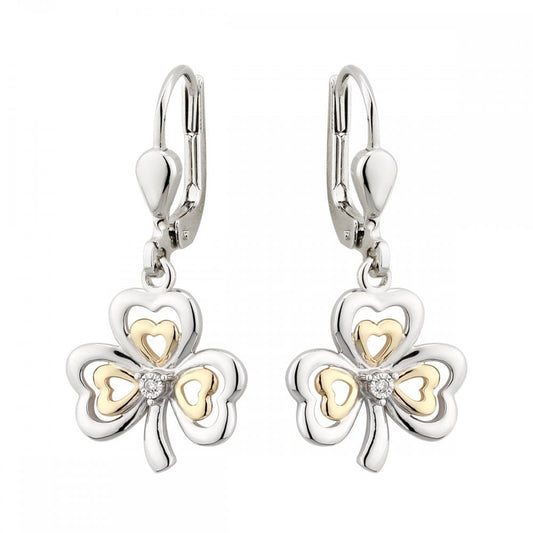SOLVAR 10K GOLD & STERLING SILVER DIAMOND DROP DANGLE SHAMROCK EARRINGS