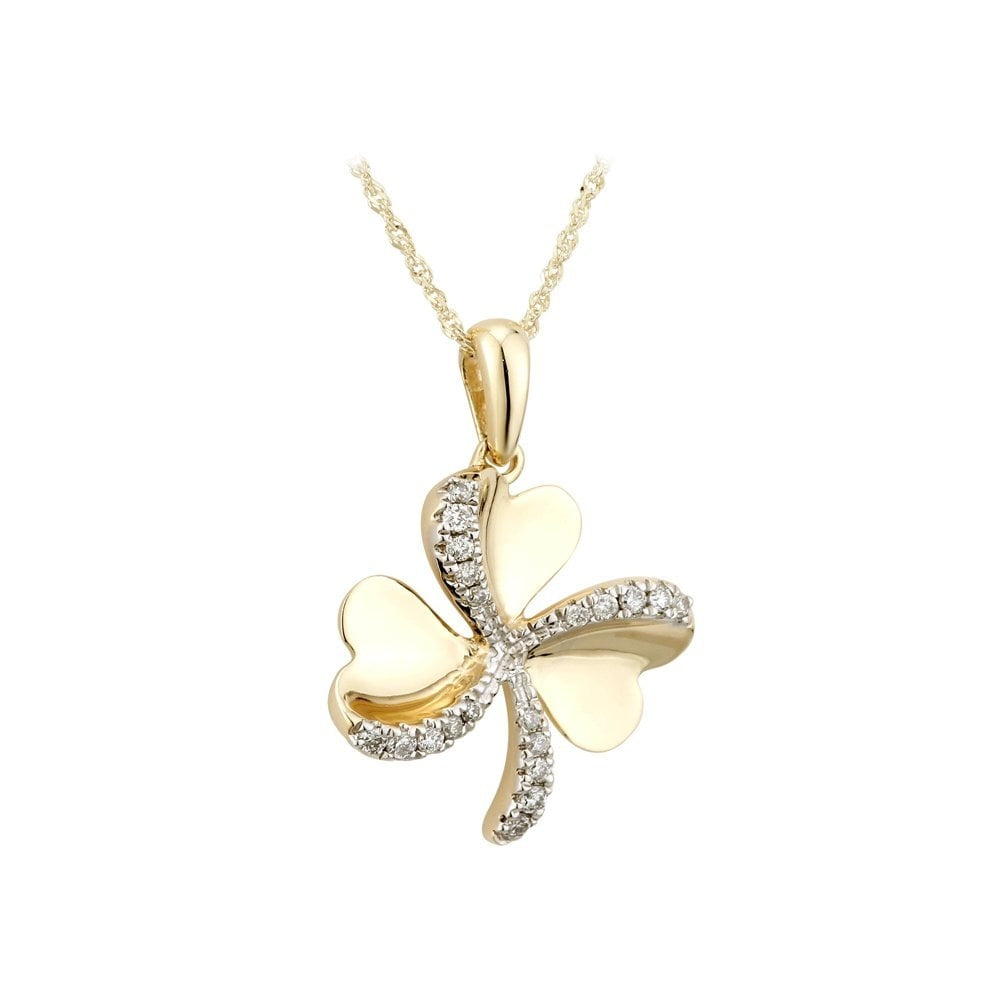 SOLVAR 14K GOLD DIAMOND IRISH SHAMROCK PENDANT NECKLACE