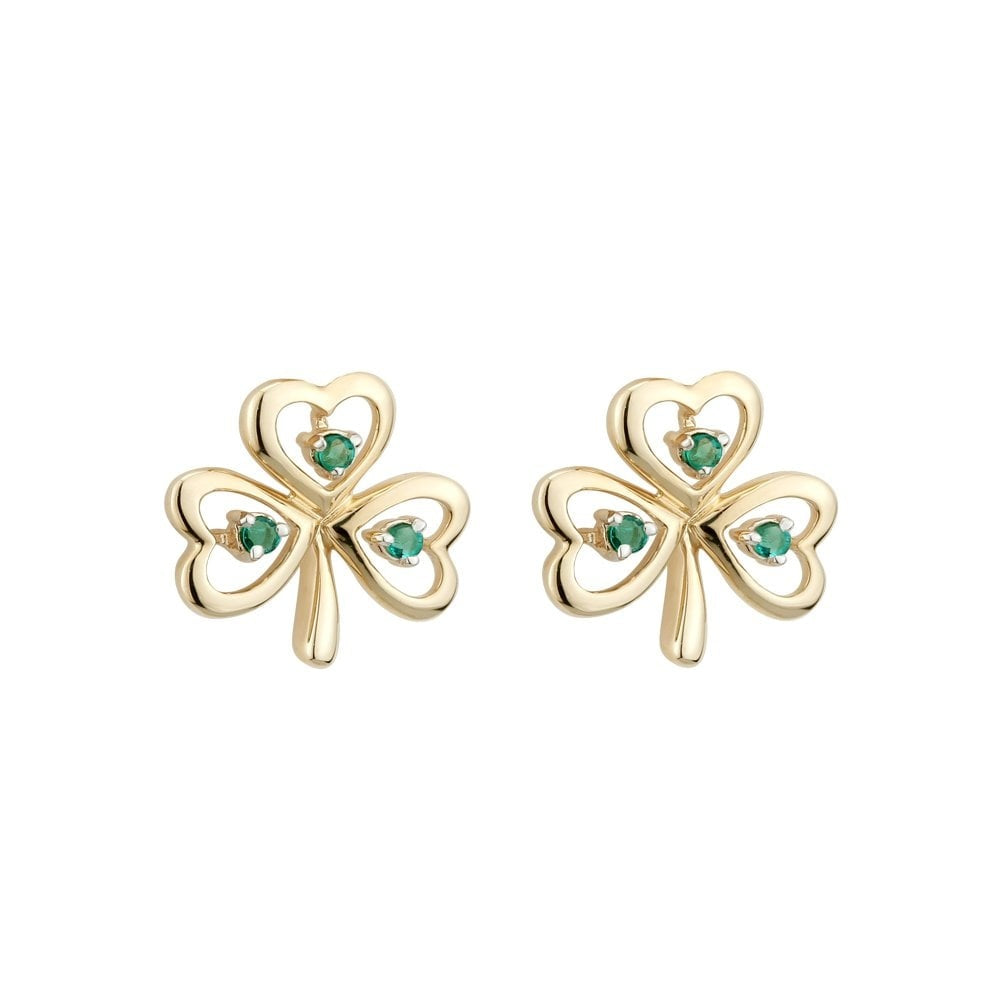 SOLVAR 14K GOLD GENUINE EMERALD CELTIC SHAMROCK STUD EARRINGS