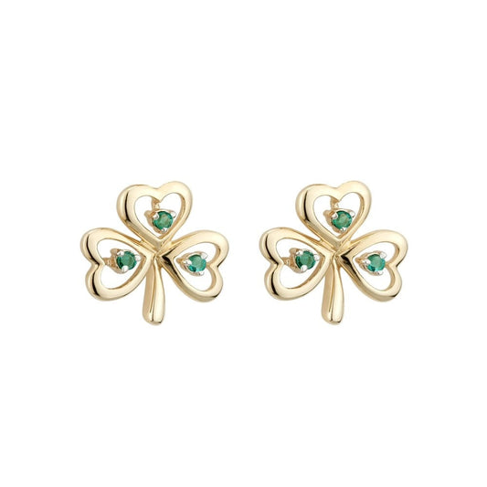 SOLVAR 14K GOLD GENUINE EMERALD CELTIC SHAMROCK STUD EARRINGS