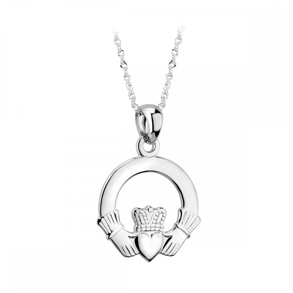 SOLVAR 14K WHITE GOLD CELTIC CLADDAGH IRISH PENDANT NECKLACE