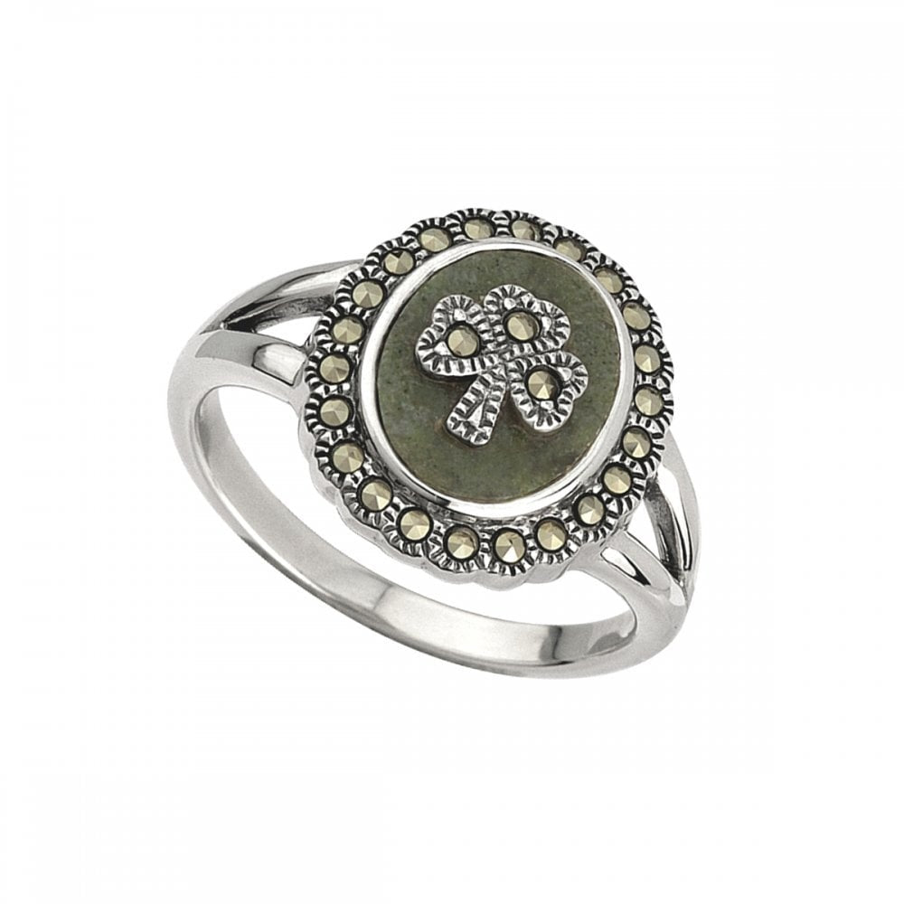 SOLVAR SHAMROCK RING WITH CONNEMARA MARBLE & MARCASITE