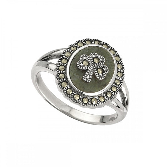 SOLVAR SHAMROCK RING WITH CONNEMARA MARBLE & MARCASITE