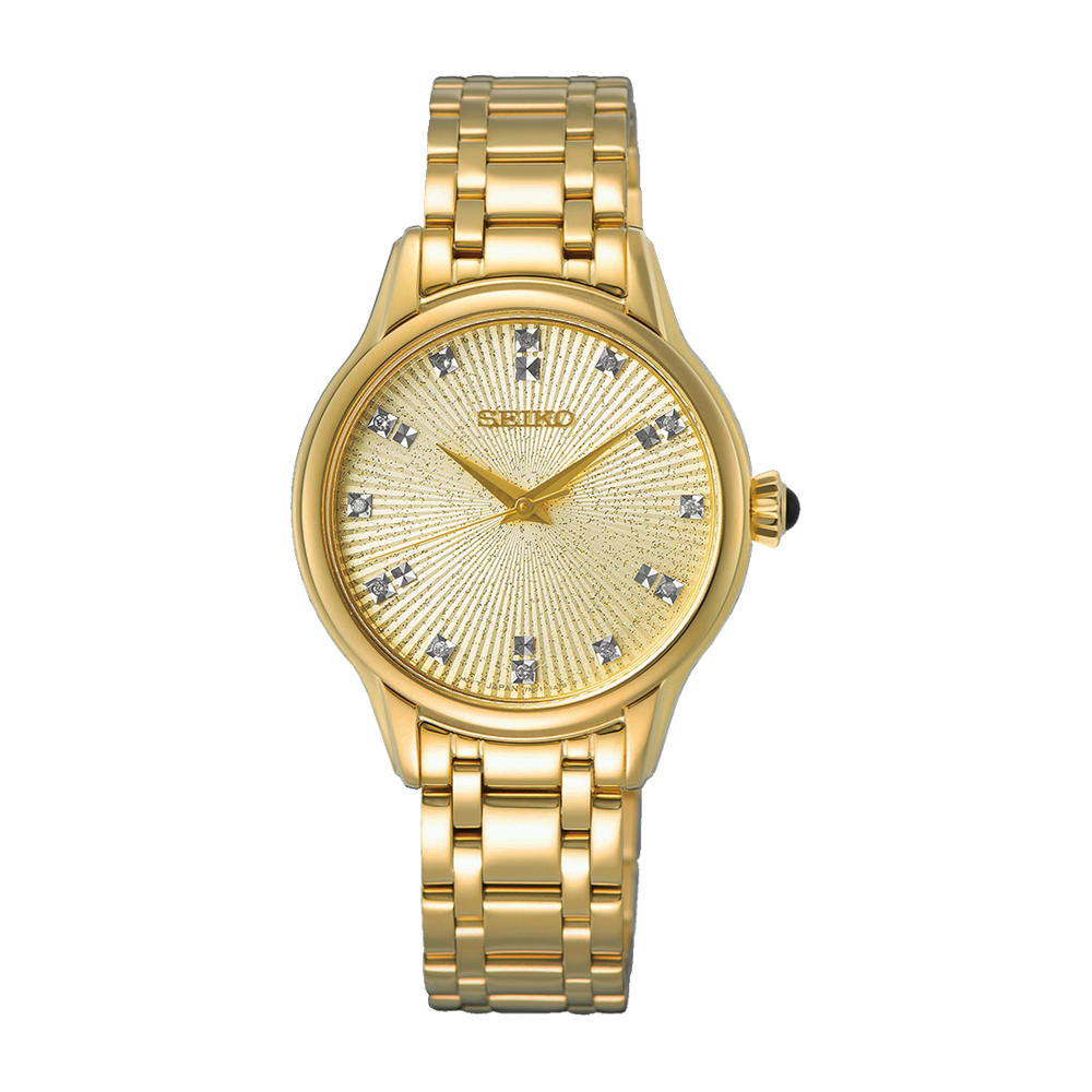 SEIKO LADIES DIAMOND SET DIAL GOLD STAINLESS STEEL WATCH