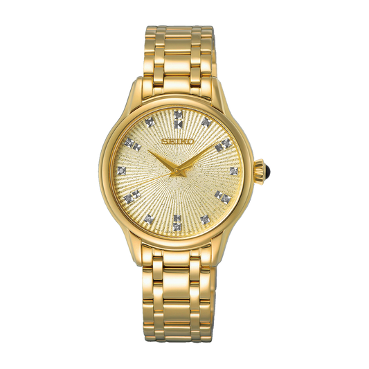 SEIKO LADIES DIAMOND SET DIAL GOLD STAINLESS STEEL WATCH