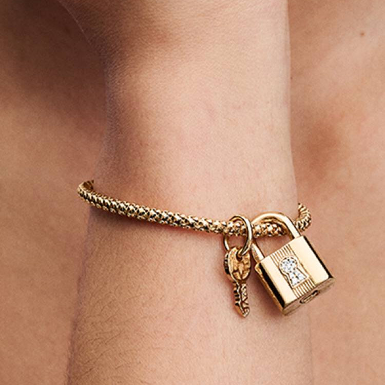 14ct Gold on Silver Padlock & Key Dangle Pandora Charm