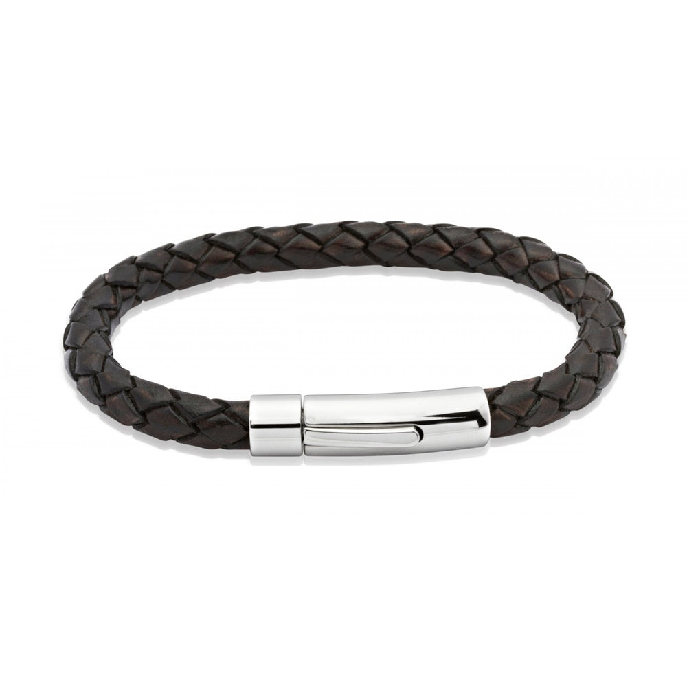 STAINLESS STEEL ANTIQUE DARK BROWN LEATHER BRACELET