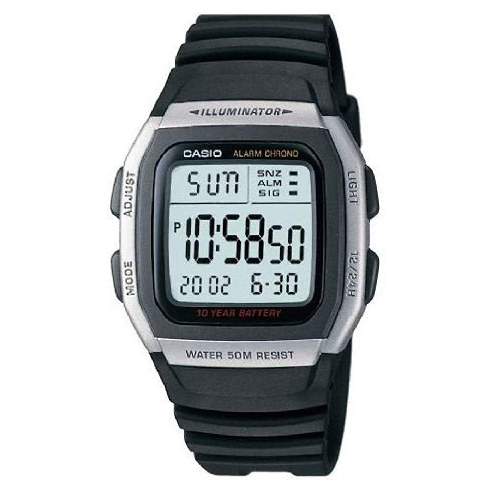 STAINLESS STEEL & BLACK PLASTIC RESIN MULTIFUNCTION RECTANGULAR DIGITAL WATCH