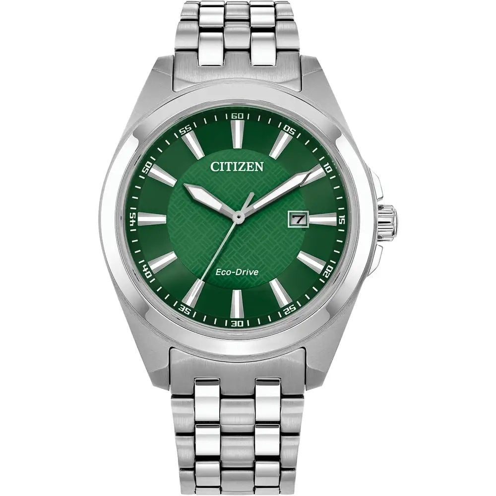 STAINLESS STEEL, GREEN DIAL GENTS ECO DRIVE WATCH
