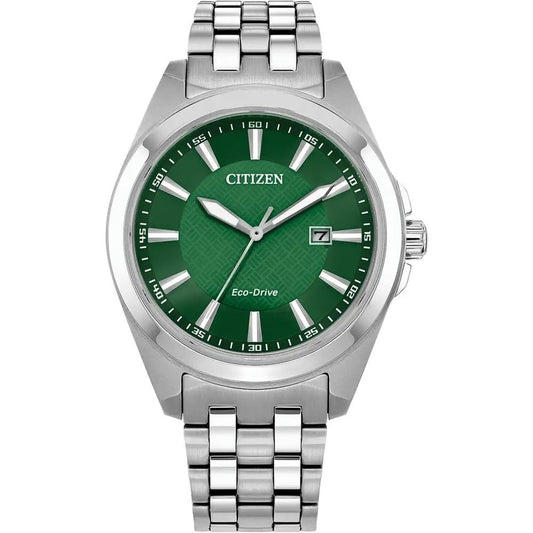 STAINLESS STEEL, GREEN DIAL GENTS ECO DRIVE WATCH