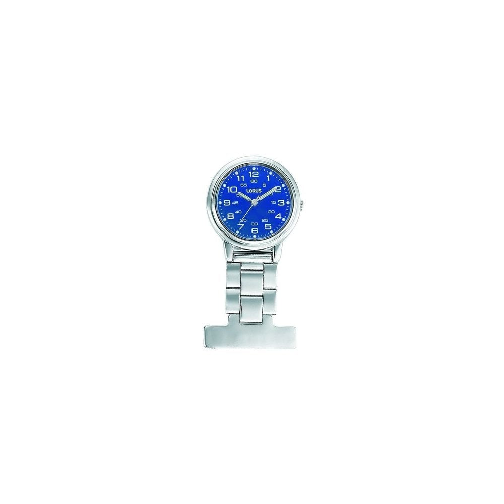 STAINLESS STEEL NURSES FOB WATCH WITH BLUE DIAL, MINUTES & SECONDS