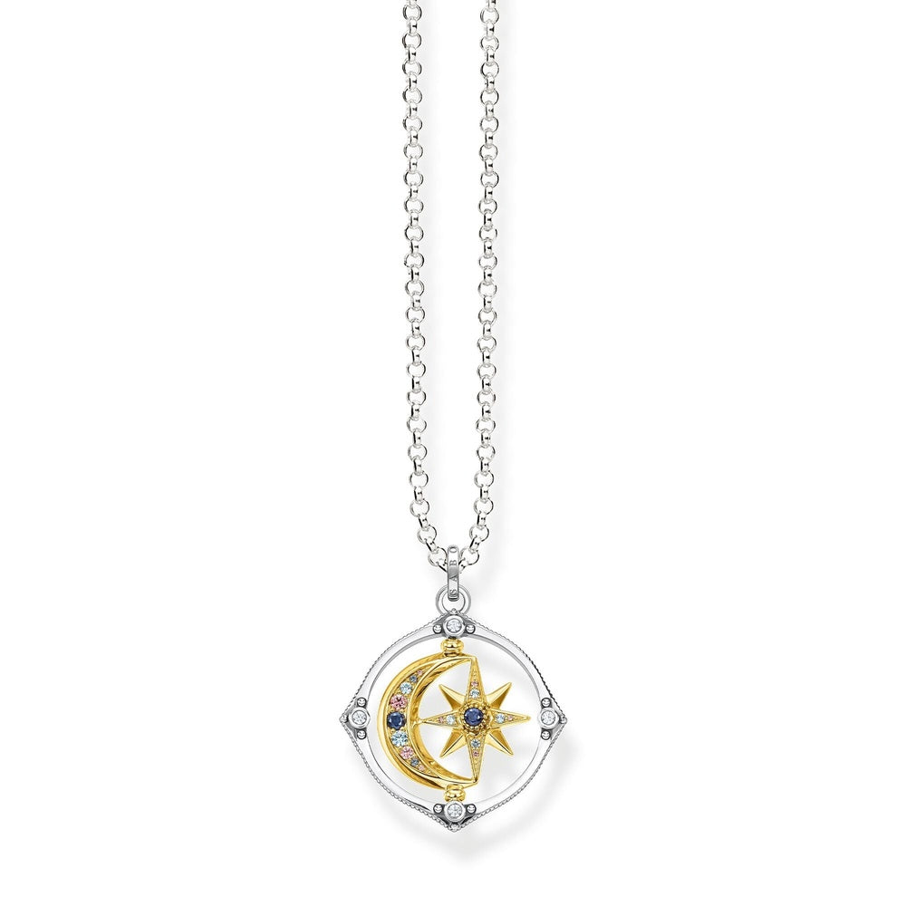 STERLING SILVER 2 TONE MULTICOLOURED CELESTIAL STAR & MOON PENDANT