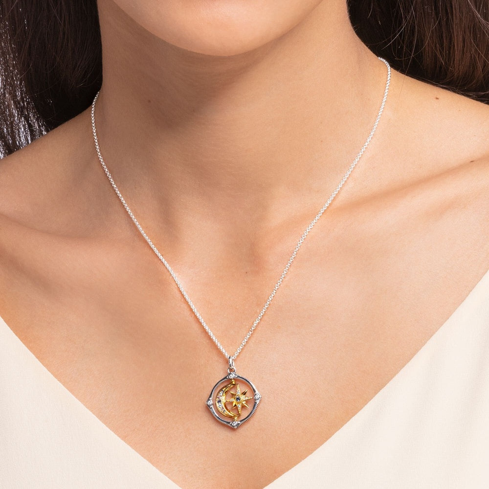 STERLING SILVER 2 TONE MULTICOLOURED CELESTIAL STAR & MOON PENDANT