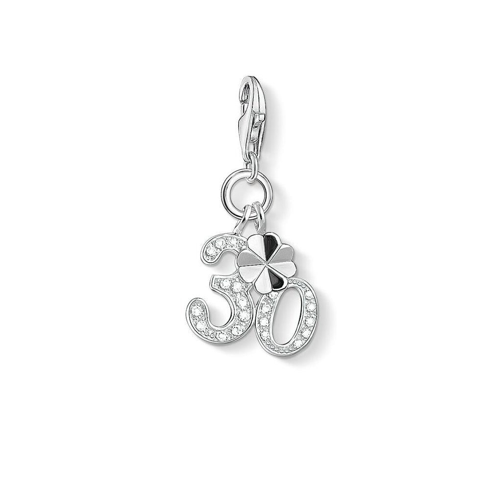 STERLING SILVER "30" CHARM PENDANT WITH CUBIC ZIRCONIA & PLAIN LUCKY CLOVER CHARM