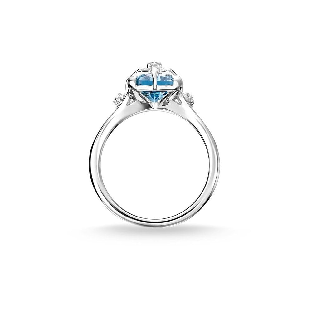 STERLING SILVER AQUAMARINE BLUE STONE RING WITH A SILVER CZ STAR ON IT & A CRESCENT & STAR ON EITHER SIDE OF IT