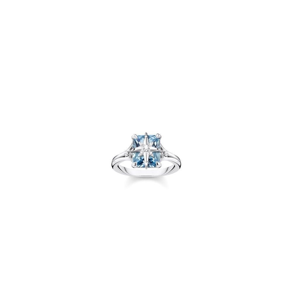 STERLING SILVER AQUAMARINE BLUE STONE RING WITH A SILVER CZ STAR ON IT & A CRESCENT & STAR ON EITHER SIDE OF IT