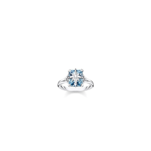 STERLING SILVER AQUAMARINE BLUE STONE RING WITH A SILVER CZ STAR ON IT & A CRESCENT & STAR ON EITHER SIDE OF IT