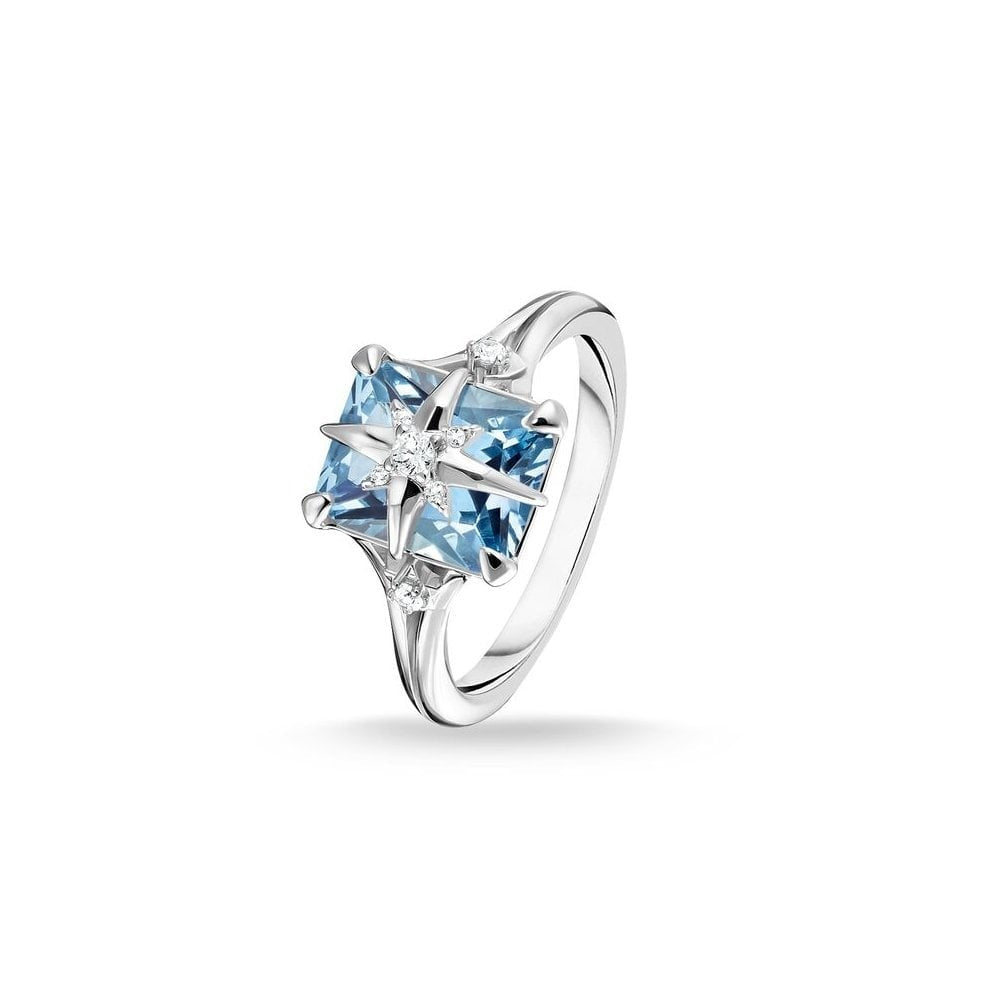 STERLING SILVER AQUAMARINE BLUE STONE RING WITH A SILVER CZ STAR ON IT & A CRESCENT & STAR ON EITHER SIDE OF IT