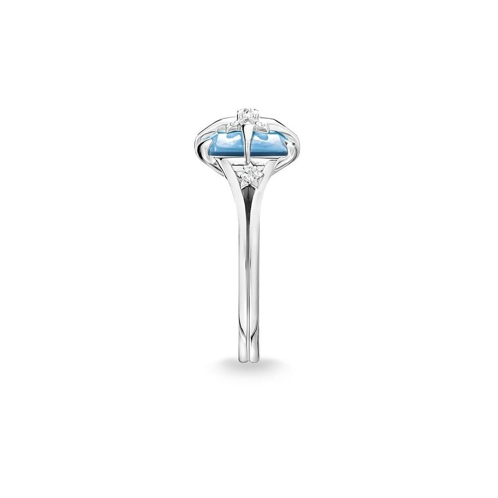 STERLING SILVER AQUAMARINE BLUE STONE RING WITH A SILVER CZ STAR ON IT & A CRESCENT & STAR ON EITHER SIDE OF IT