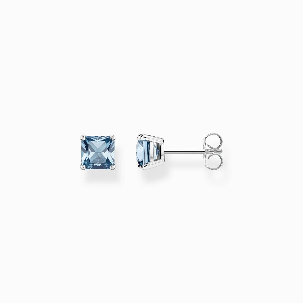 STERLING SILVER AQUAMARINE SQUARE PRINCESS CUT STUD EARRINGS 