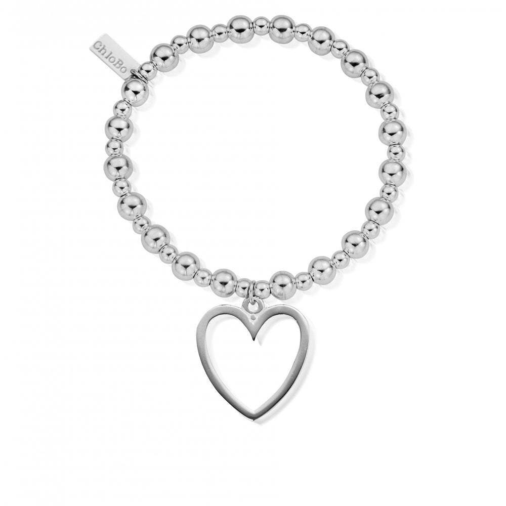 STERLING SILVER BALL LINK BRACELET WITH LARGE OPEN HEART CHARM