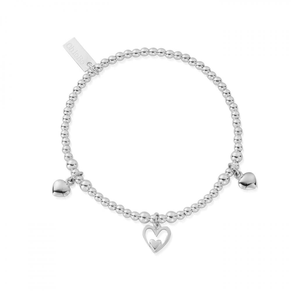 STERLING SILVER BALL LINK BRACELET WITH TRIPLE HEART CHARMS
