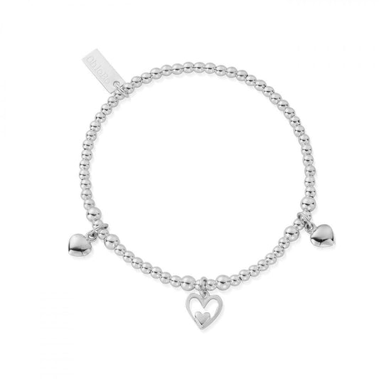 STERLING SILVER BALL LINK BRACELET WITH TRIPLE HEART CHARMS