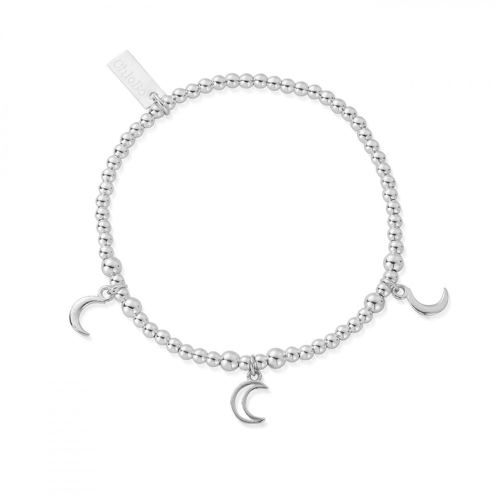 STERLING SILVER BALL LINK BRACELET WITH TRIPLE MOON CHARMS