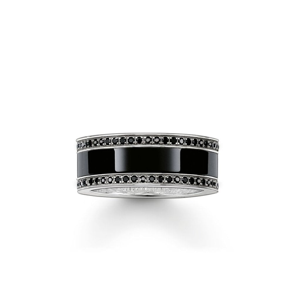 STERLING SILVER BAND RING WITH BLACK CERAMIC ENCLOSED WITH BLACK ZIRCONIA STONES