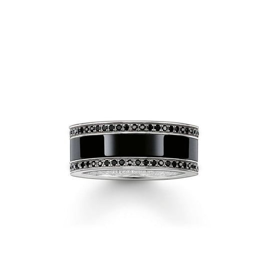STERLING SILVER BAND RING WITH BLACK CERAMIC ENCLOSED WITH BLACK ZIRCONIA STONES