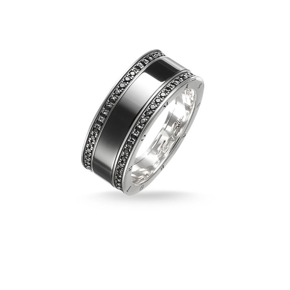 STERLING SILVER BAND RING WITH BLACK CERAMIC ENCLOSED WITH BLACK ZIRCONIA STONES
